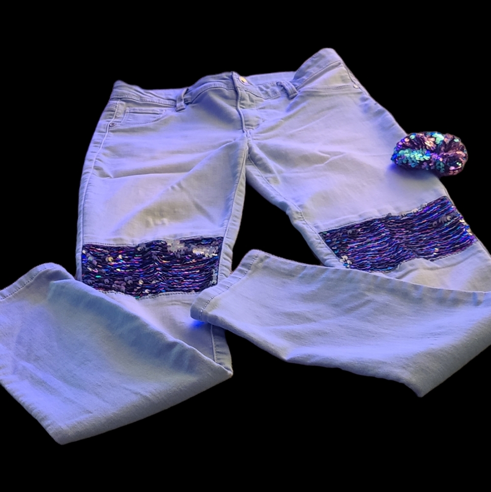 Girls My Favorite Knit Denim Jean Blue Sequin Knees Jeans 14/16 W/ Scranchy